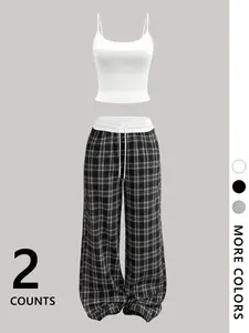 Women's Two-Piece Set, Striped Plaid Tank Top & Long Pants, Fitted Streetwear Casual Fashion Trendy Sportswear, Athleisure Wear Set, Athleisure Summer Clothes