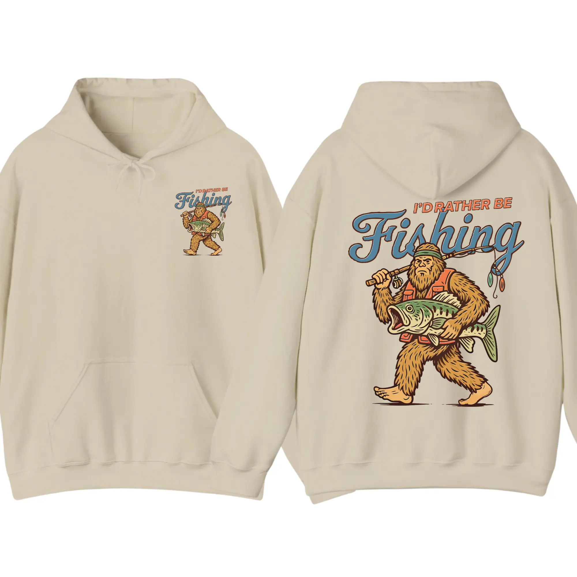 Retro Sasquatch Hoodie, Funny Bigfoot Fishing Graphic Pullover, I’d Rather Be Fishing Hoodie, Vintage Cryptidcore Streetwear, Fisherman Gift Casual Hoodie