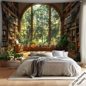 Library Forest Tapestry Book Jungle Backdrop Fantasy Theme Wall Hanging Photography Background Aesthetic Decor for Living Room Bedroom Indoor Outdoor Home Decoration