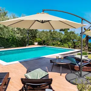 10FT Patio Offset Umbrella - Cantilever Hanging  V Protection & 8 Ribs & Handy Crank & Cross Base for Market/Garden/Lawn/Deck/Backyard/Pool -  Survival Knife Parasol backyard fun Sun Relax outdoor umbrella  Modern Design Canopy Residential Poolside