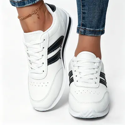 Women's Casual Sneakers for Everyday Wear Lightweight and Breathable Low-Top Walking Shoes with Striped Accents, Cushioned Arch Support and Non-Slip Sole, All-Season Classic Athletic Fashion Trainers