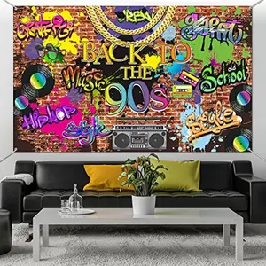 2D Flat Banner 1pc, 90s Background Hip Hop Graffiti Wall Vintage Radio Photography Backdrop, Retro Party Decoration Studio Prop