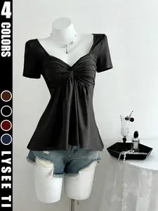 Women's solid color twisted waist short sleeved top, fashionable casual top