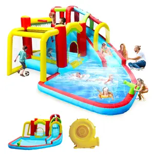 7-in-1 Inflatable Slide Water Park Bounce House with Inflatable Pool, Splash Pool, Water Gun, Climbing Wall, Basketball Hoop, Sports Features - Blower-Included Outdoor Play Toy for Domestic Use