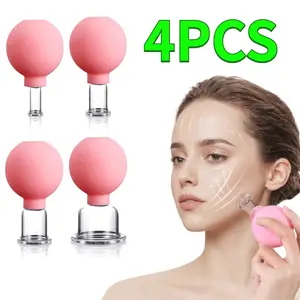 4PCS 2.2/1.4/1/0.6in Glass Facial Cupping Set Glass Silicone Cupping Cups Massage Vacuum Suction Cupping Cups for Body Face Leg Arm Back Shoulder Muscle and Joint Pain (Pink) 4 different sizes  Therapy Comfort