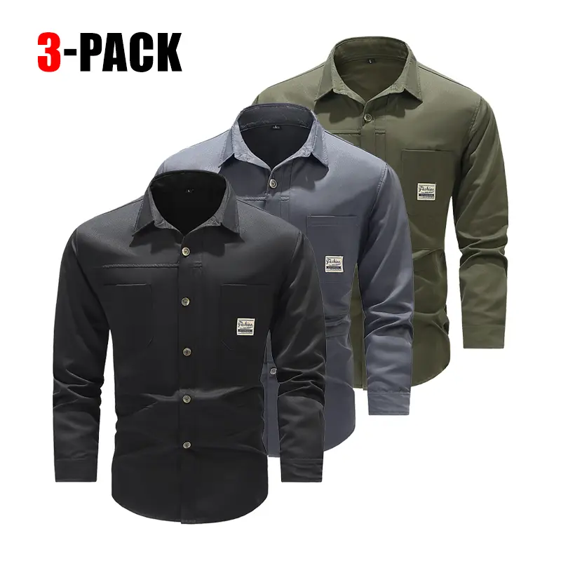 Men’s 3-Pack Button-Down Full-Sleeve Cargo Work Shirts with Pockets, Casual Outerwear Clothes for Outdoor Work & Daily Commute