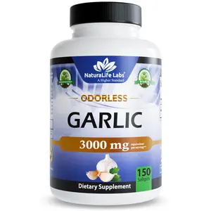 Odorless Pure Garlic 3000 mg per serving 150 Soft gels Promotes Healthy Cholesterol Levels, Immune System Support