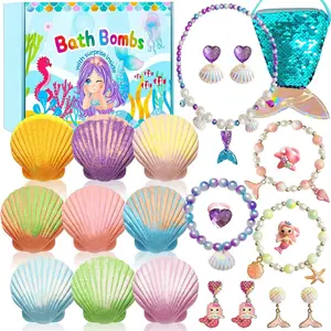 P-TBT021  Mermaid Bath Bombs for Girls Kids with Toys Inside, 9 Pcs Natural Handmade Shell Bubble Bath Bomb Kit for Girls with Jewelry Surprise, Pefect for Christmas Easter Birthday Gift Princess Party Favor