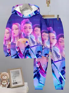 Girls' Colorful Anime Hoodie Set, Girl Character Printed Sweatshirt & Jogger Pants Two-Piece, Fashion Casual Kids Clothing