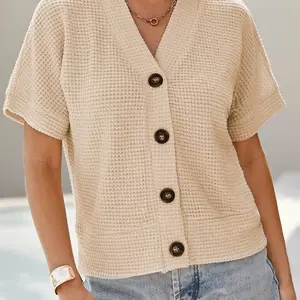 Dokotoo Womens Summer Tops 2026 Waffle Knit Button Down Shirts Casual V Neck Short Sleeve Shacket Jacket Dressy Blouses