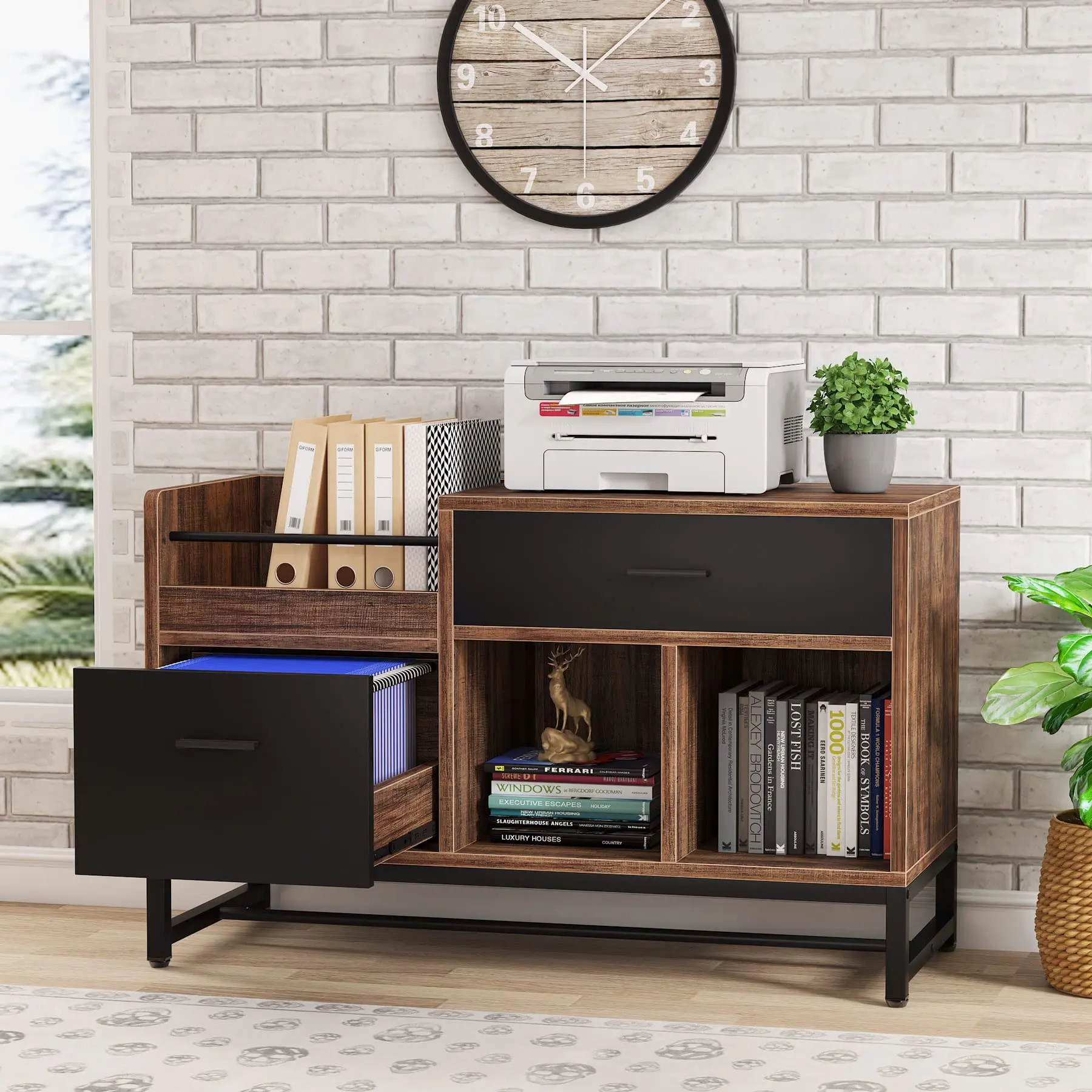 Tribesigns 39-Inch Rustic Brown File Cabinet with 2 Drawers for Home Office, Lateral Filing, Printer Stand with Open Shelves