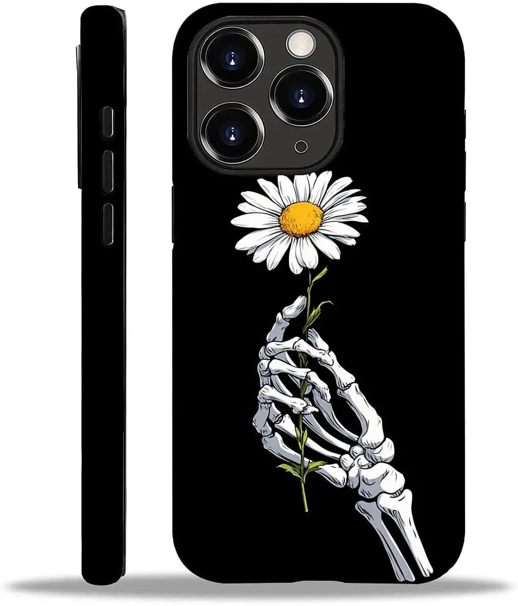 for iPhone 11 Pro Max Case, Hand Bones and Daisies Pattern Print Matte Phone Case Funny Liquid Silicone Case Impact Resistant Anti-Scratch Shockproof Protective Cover