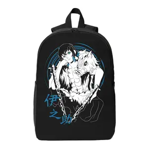 Demon Slayer Inosuke Backpack – Black Casual Bag with Inosuke & Boar Head Print, Featuring "Inosuke" Japanese Text, Stylish Anime Backpack for Fans, Durable for School/Daily Use