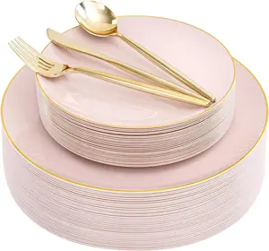 I00000 150 PCS Pink Plastic Plates for Party,Heavy Duty Pink Disposable Plates,Gold Dinnerware Set Include 30 Dinner Plates,30 Dessert Plates,30 Gold Plastic Silverware Set for Mother's Day