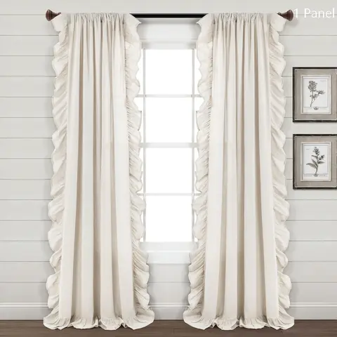 Lush Decor Faux Linen Ruffle Window Curtain - Single Panel (Sold Individually), 54x84/95in, 5in Ruffle, Cotton Blend, Unlined, Cream/Linen/Light Gray, Shabby Chic Vintage, Aesthetic Girl Room Decor, Curtains for Bedroom