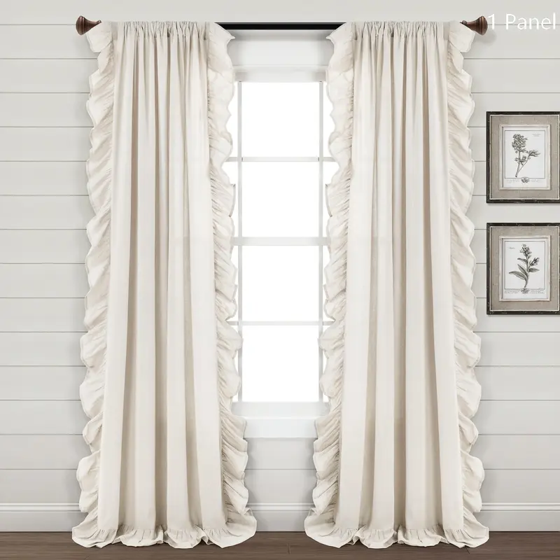 Lush Decor Faux Linen Ruffle Window Curtain - Single Panel (Sold Individually), 54x84/95in, 5in Ruffle, Cotton Blend, Unlined, Cream/Linen/Light Gray, Shabby Chic Vintage, Aesthetic Girl Room Decor, Curtains for Bedroom