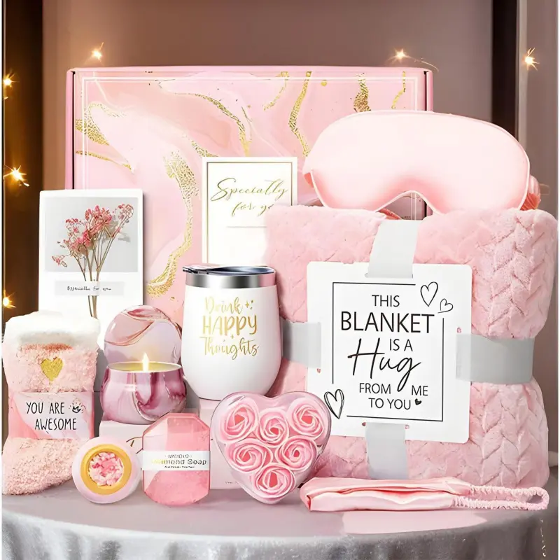 Mothers Day Birthday Gifts for Women Self Care Get Well Soon Gifts, Party Gifts, Cozy Gift Box, Rose Relaxing Spa Gift Basket Thinking of You Care Package with Flannel Blanket, Unique Gift for Her Mom Wife Grandma Friend Sister