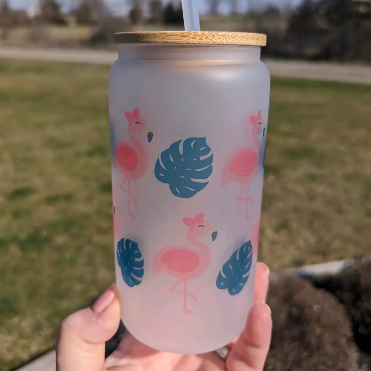 Flamingos and Monsteras 16oz Sublimated Libbey Glass with Bamboo Lid and Straw