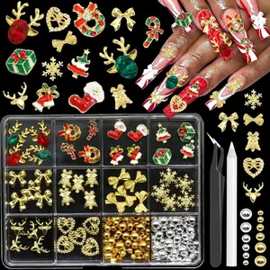 Christmas Nail Charms 3D Trees Bell Gem for Nails Cute Elk Gloves Nail Art Charms Gold Snowflake Bow Xmas Nail Jewelry for Women DIY Manicure Decorations