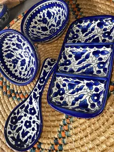 Set of 2 Deep Bowls Trio divided Plate Handmade and Spoon Rest edged Bowls 13 cm Blue Palestinian Potery Ceramic خزف فلسطيني