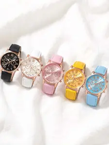 5-piece set of ladies' watch straps, Geneva quartz watches with fake three-eye Roman numerals, fashionable ladies' watch set