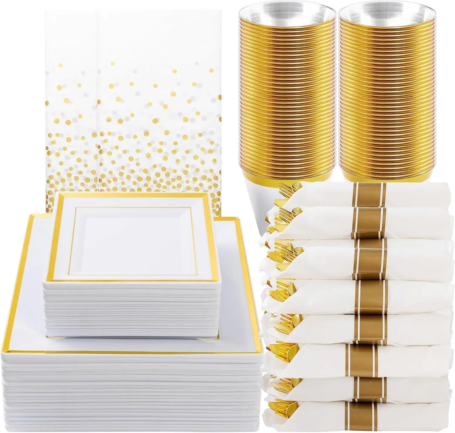 352 Pcs Gold Square with Gold Trim for 50 Guests| Gold Dinnerware Sets Include 100, 50 Rolled, 50 Cups, 50 Cutlery Sets and 2 Tablecloths for