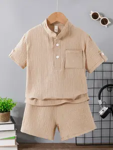 Boys Summer New Set Plain Simple Button Half-Open Short Sleeve Top Pants Fashion Classic Soft Outdoor Wear Shorts 2 Piece Set