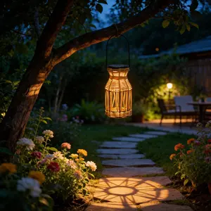 Solar Powered Woven Outdoor Hanging Lantern with LED Atmosphere Light, Waterproof Handcrafted Decor for Garden and Patio, Automatic Switch and Pattern Projection, Garden Decorative Lighting, Outdoor Hanging Lights