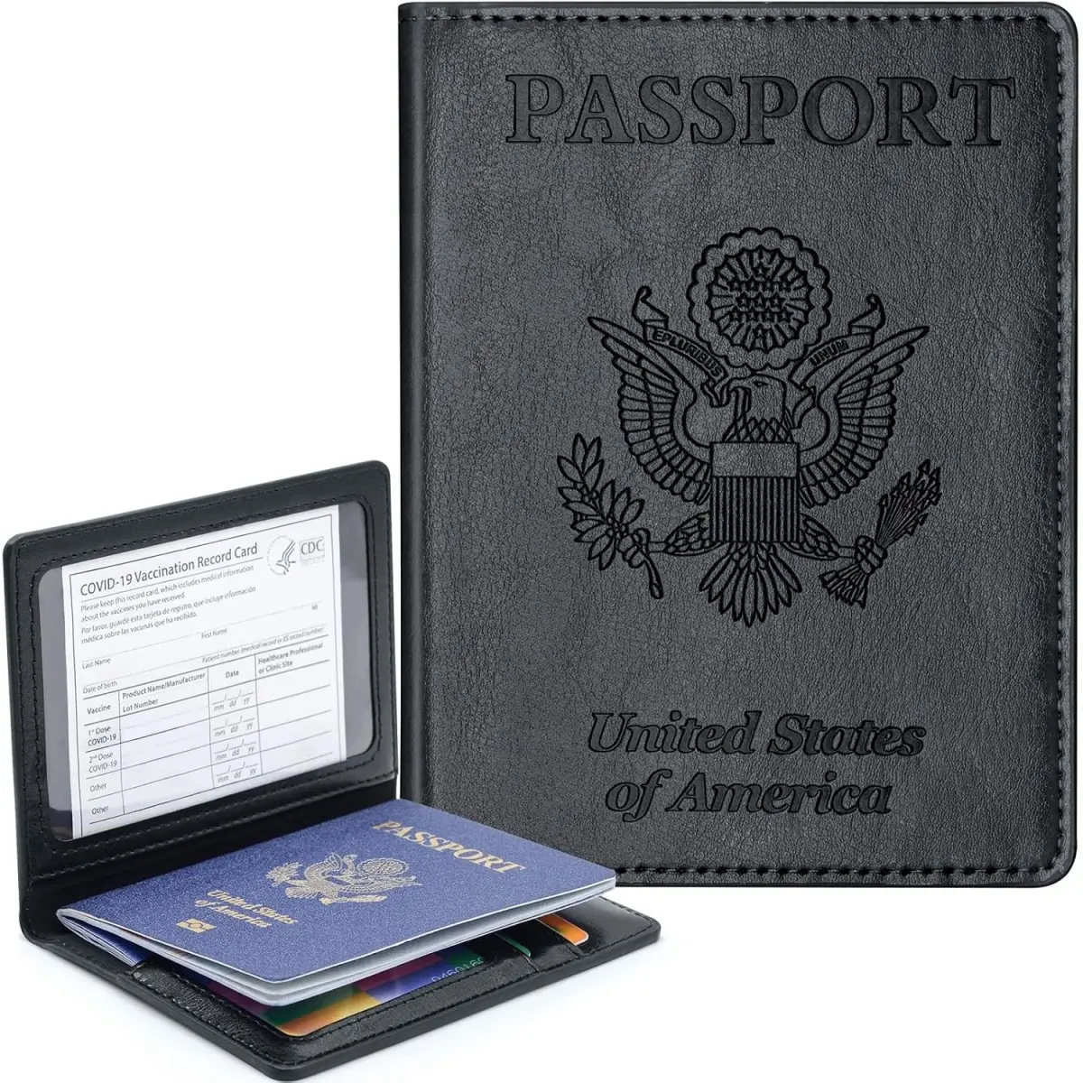 PU Leather Passport Wallet and Travel Document Holder, Unisex 4-in-1 Organizer with Transparent Vaccine Card Slot - Black, Passport Holder, Perfect Gift, Passport Cover, Basic