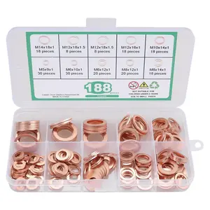 188 count 9 Sizes Metric Copper Crush Washers Assortment Kit Flat Ring Sealing Washer (M5 M6 M8 M10 M12 M14)