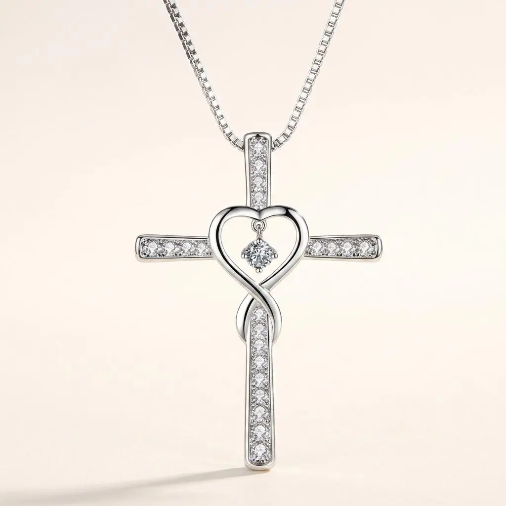 God We Trust Cross Necklace for Women – Infinity Heart Birthstone Crystal Pendant, Meaningful Faith Gift for Mom, Grandma, Daughter & Best Friend – Silver Tone, 12 Colors