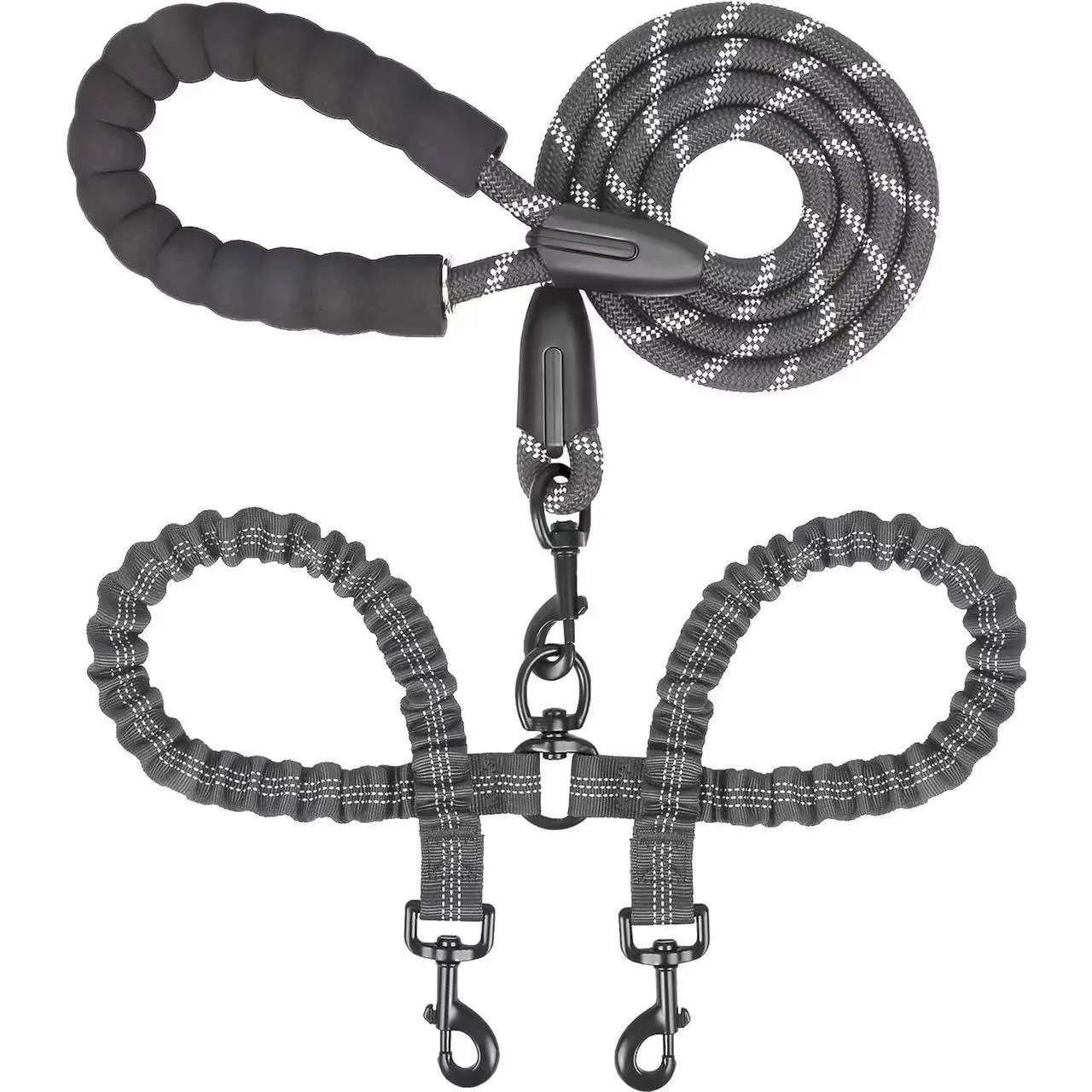 Double dog leash with anti-tangle design and shock absorption; durable nylon bungee lead with reflective strips; universal no-pull harness/leash for small, medium, and large dogs; pet supplies; rotating leash; bungee lead; reflective strip lead strap