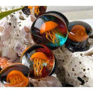 PAIR of Unique Floating Orange Jellyfish Pyrex Glass Double Flare Plugs -Gauges 0g (8mm) through 5/8" (16mm)