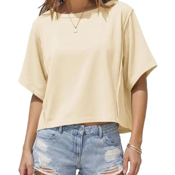 Fisoew Sports 2026 Womens Oversized Crop Tops Summer Short Sleeve Crewneck T Shirts Casual Loose Basic Tee Workout Shirts,summerwins,summeroutfits,vacationoutfits,beachoutfits