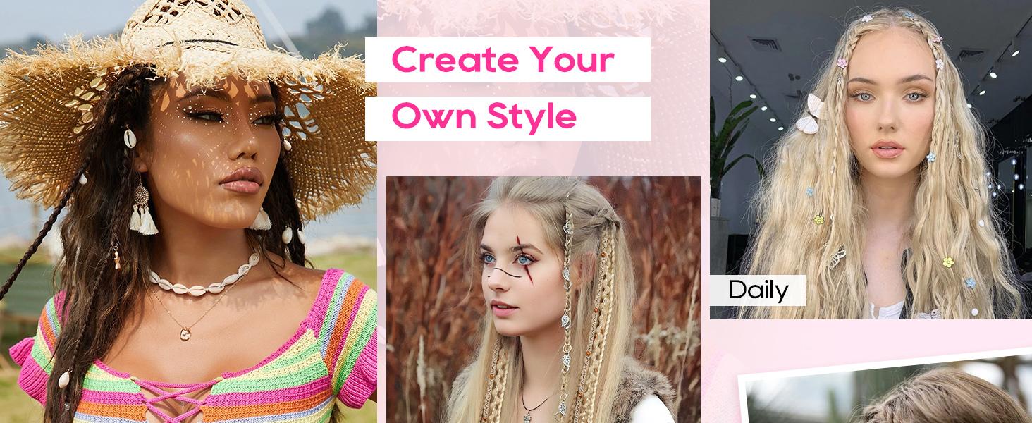 AISI HAIR Clip in Braid Hair Extensions for Women, 16/20" Boho Dreadlock Clip in Braids with Beads & Charms, 2PCS Synthetic Braided Hairpieces for Cosplay Daily