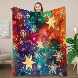 1pc Vintage Starry Night Snowflake Flannel Blanket - Soft Cozy Lightweight Throw with Multicolor Snowflakes & Stars, All-Season Warmth for Couch, Bed, Living Room Decor - Durable Digital Print Home Gift, Throw Blanket for Couch, Bed Accessory