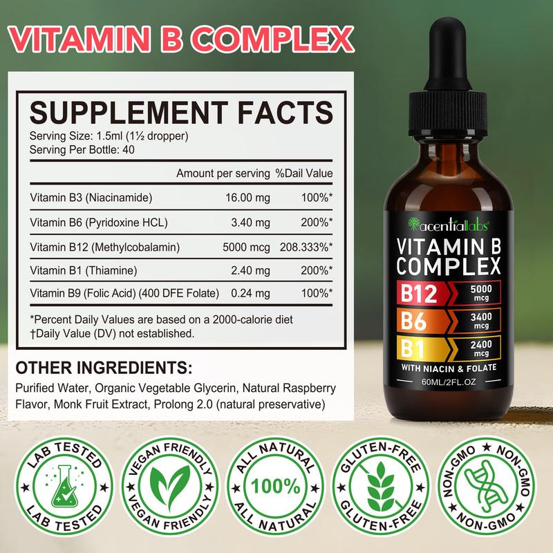 [Two-Bottle Pack] Vitamin B12 and B6 Drops, Sublingual Vitamin B12 Complex - Vitamin B12 5000mcg - Vitamin B12 Methylcobalamin, supports energy, brain, and heart health, raspberry flavor, suitable for both men and women, Made in the USA, 6 fl oz.