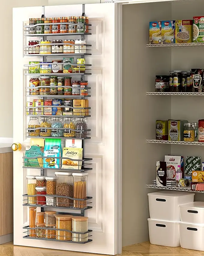 Moforoco 9-Tier Over The Door Pantry Organizer, Pantry Organization and Storage, Black Hanging Basket Wall Spice Rack Seasoning Shelves, Home Kitchen Laundry Room Accessories Fit Wider Doors (16.5"W)