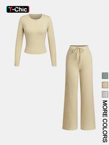 women's striped print long sleeve tee & pants, casual two-piece set for daily wear, ladies two-piece outfits for all seasons