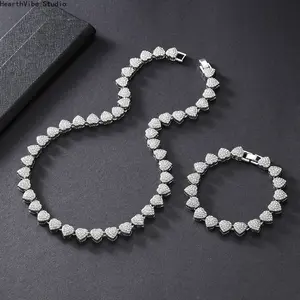 Hip Hop Heart-Shaped Miami Necklace And Bracelet Set - Fully Studded, Perfect for Daily Wear, Festivals, Valentine's Day, Friends, And Couples
