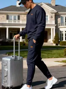 fall outfits Men's casual sportswear thickened sweatshirt set, textured round-neck sweatshirt + tapered sweatpants, leather label design, simple, versatile and trendy two-piece set, Textured Sweatsuit