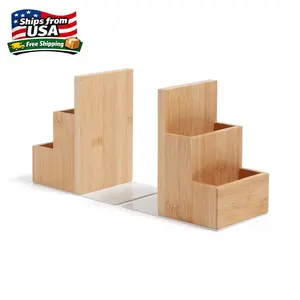 UB Storage Bookends, Set of 2, 6.2 x 3.9 x 6.2 in., Bamboo, Pencil Cup, Mid-Century