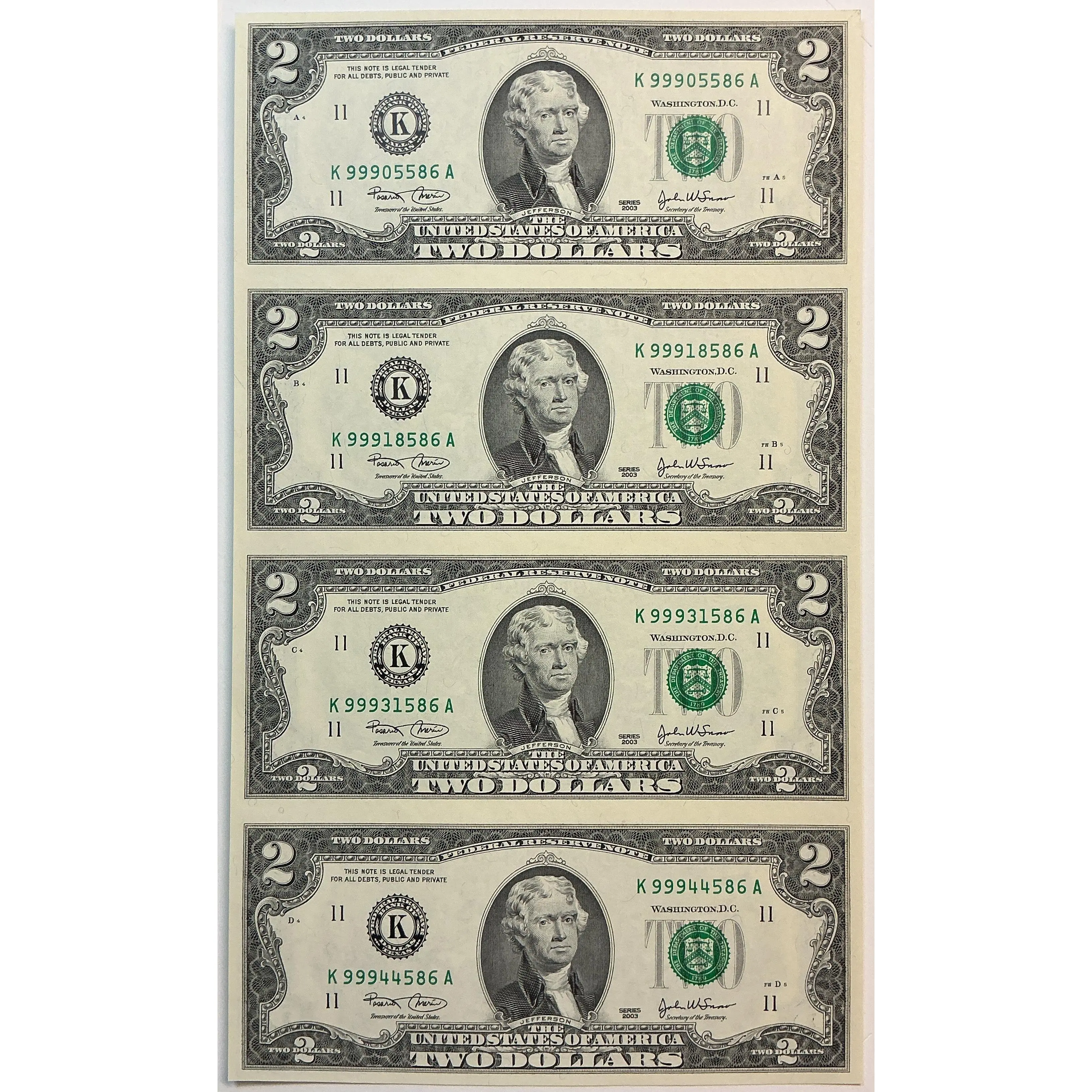 2003 Series $2 Notes, Sheet of 4 Bills, F.R.N., BEP, Store #FRN043