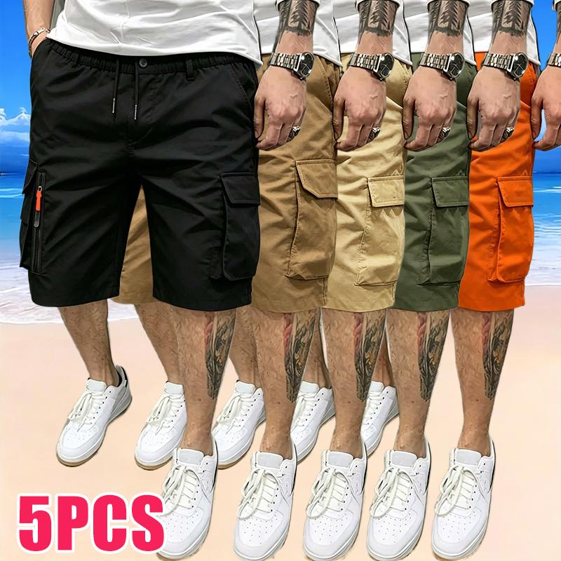 5-Pack Men’s Sport Casual Cargo Shorts — Multiple Pockets, Drawstring Elastic Waist, Decorative False Zipper; Suitable for Outdoor Hiking, Daily Running, and Commuting 5-Pack Men’s Sport Casual Cargo Shorts — Multiple Pockets, Drawstring Elastic Waist, Decorative False Zipper; Suitable for Outdoor Hiking, Daily Running, and Commuting