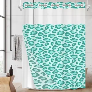 1PC Double Layer No Hooks Shower Curtain, Mint Green Leopard Print, Fresh Minimalist Bathroom Decor, Detachable Buckle Liner for Home Hotel, 71×74 Inch