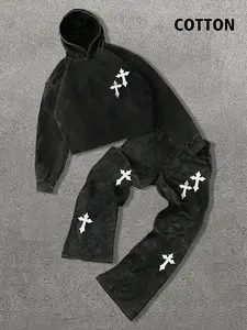 Trendy Streetwear Cotton Hoodie & Pants Set, Cross Pattern Print, Washed Vintage Look, Versatile Fall&winter