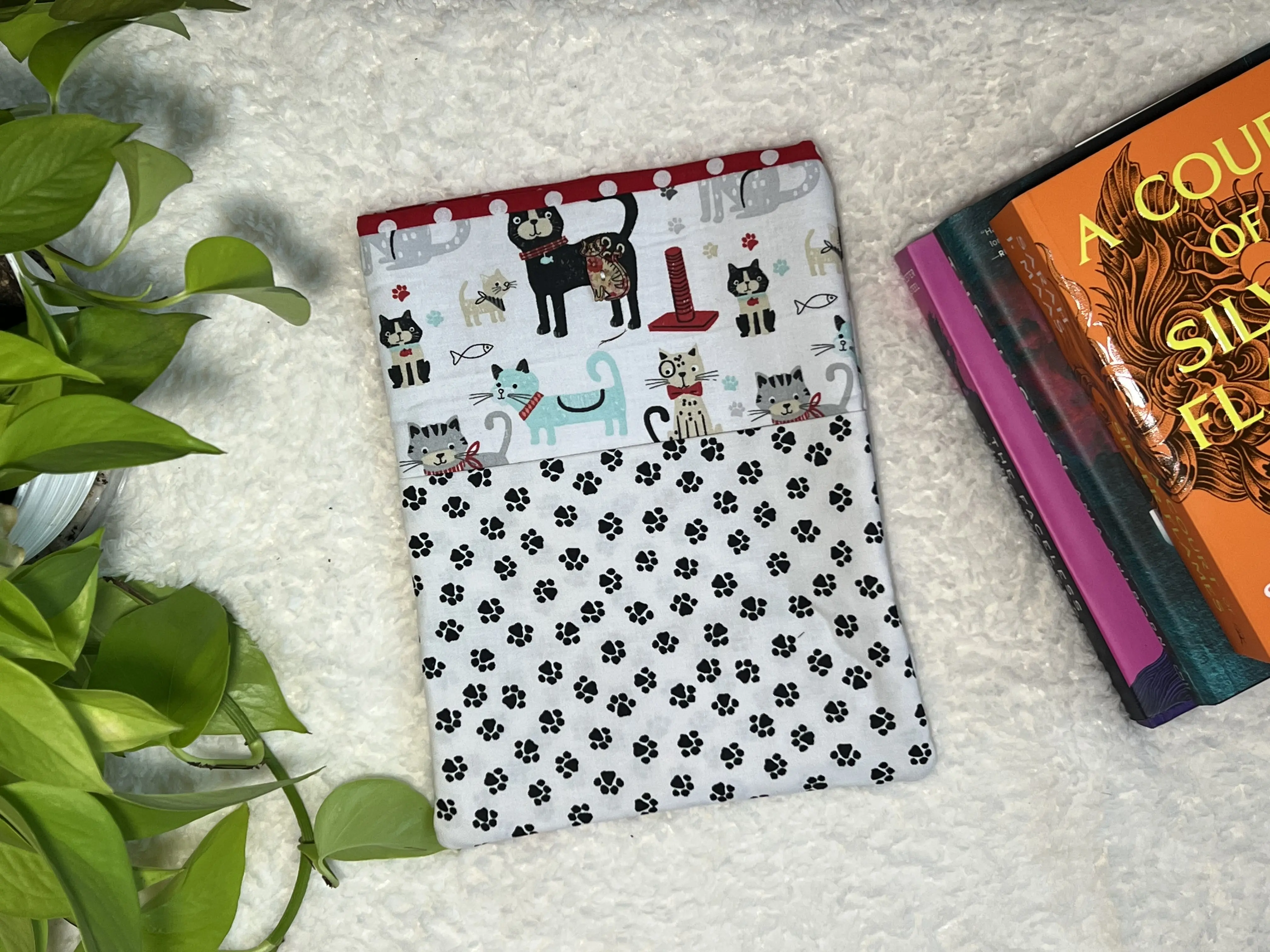 Large Cat Themed Padded Fabric Book Cover Sleeve for Books and Tablets with Adorable Cat Designs and Paw Prints Pattern