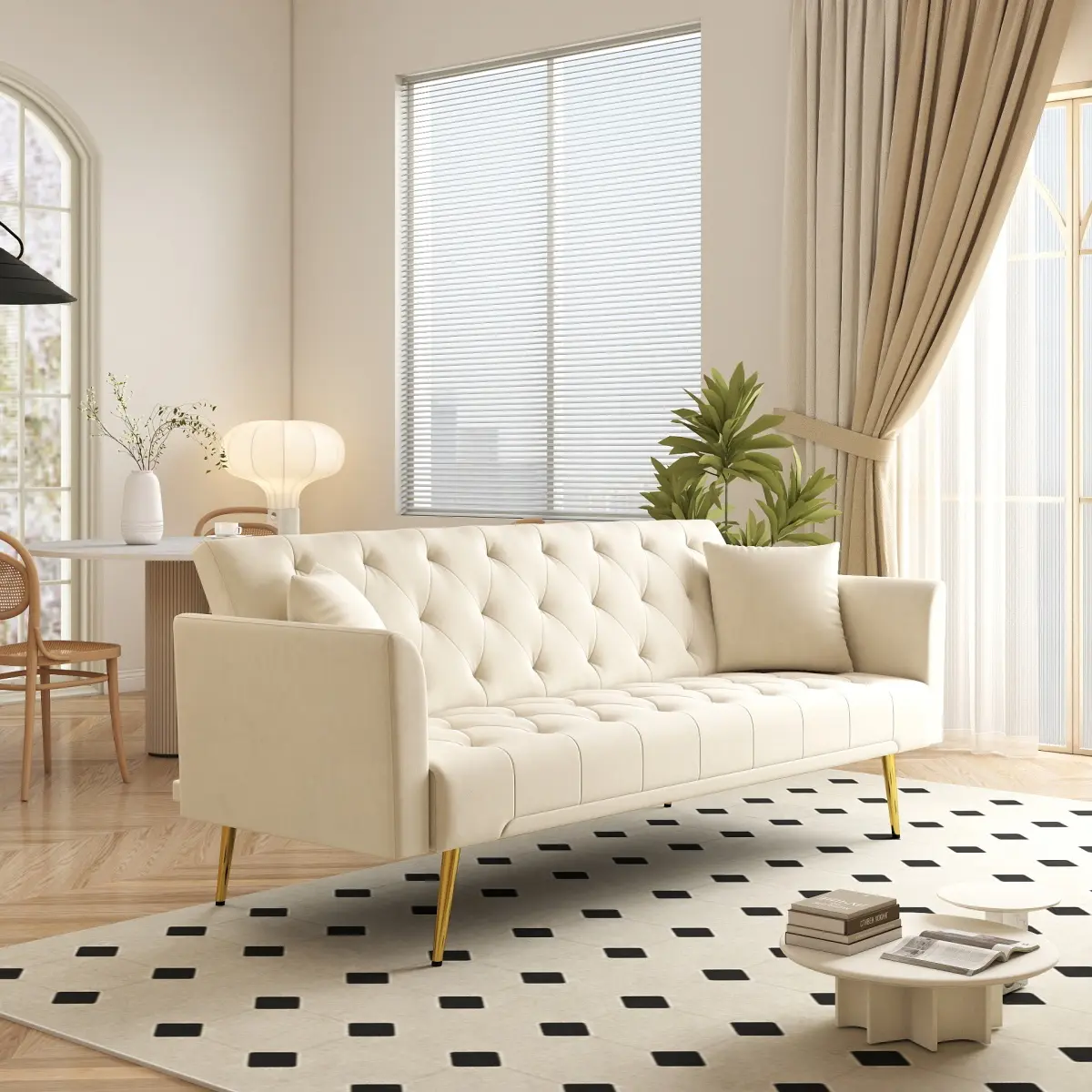 72" Modern Velvet Sofa Bed Futon, Convertible Sleeper Couch with Adjustable Backrest, Tufted Recliner Loveseat with Golden Chrome Legs & 2 Pillows for Small Spaces, Living Room, Apartment (Beige)