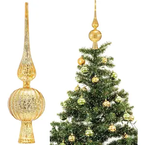 Mercury Glass Finial Christmas Tree Topper 12 Inches Vintage Spherical Xmas Tree Topper Mid Century Christmas Ornament for Home Xmas Holiday Party Decorations(Golden)