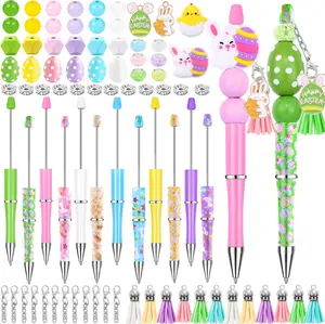 12 Pack Easter Beadable Pens Kit DIY Plastic Ballpoint Pens with Bunny Chick Egg Charms, Beads, Pendants & Lobster Clasps, Colorful Craft Pens Bulk for Kids Students Teens School Classroom Party Favors